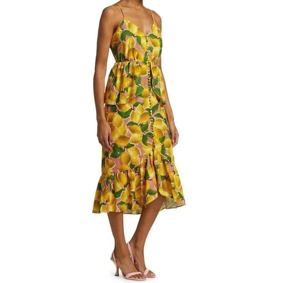 NWT Farm Rio Fresh Lemons Ruffle Peplum Linen Blend Fruits Midi Dress Size XS - Picture 7 of 12